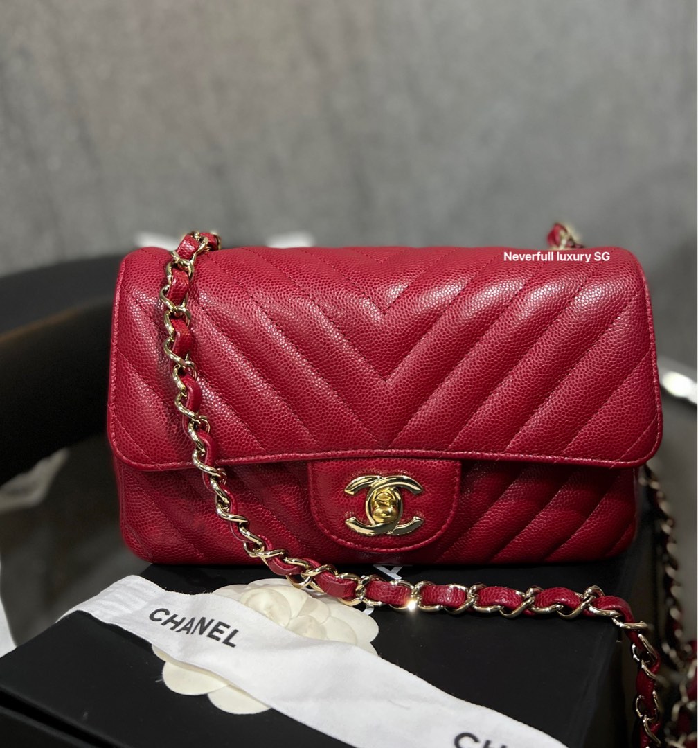 Chanel Classic Flap Mini Rectangular 18B Raspberry Red Caviar in GHW,  Luxury, Bags & Wallets on Carousell
