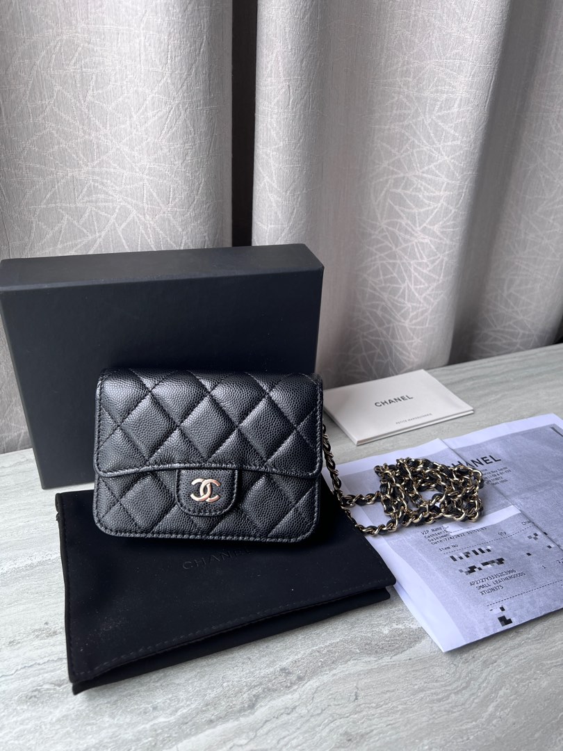 Chanel Classic Quilted Card Holder with Chain, Black Caviar GHW