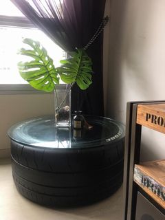 Tyre table shop with glass top