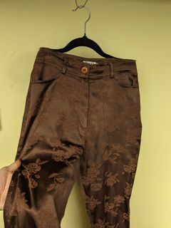 Embossed Flower Embroidery Brown Cotton Pants Size 7