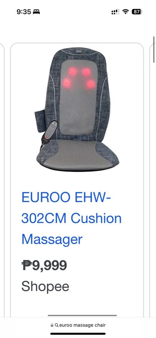 Euroo cushion massager (Category: Massage Devices) located in Manila. Submitted by samsantos (Listing ID 1227707314, Image 3). Description: For sale Unit only With little stain sa chair Pwede dalhin kahit saan With heater if you want.