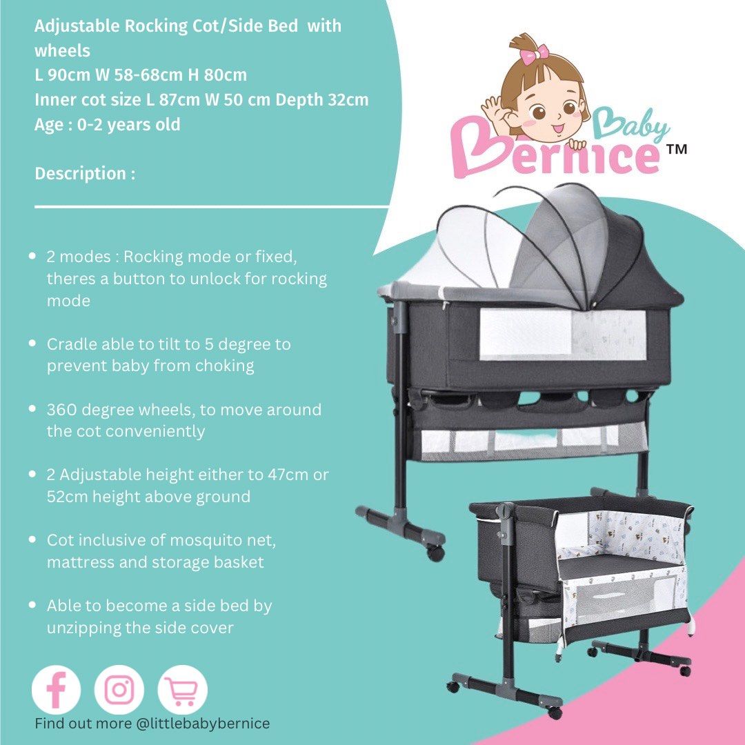 [FREE DELIVERY] Adjustable Rocking Cot/Side Bed with wheels L 90cm W 58
