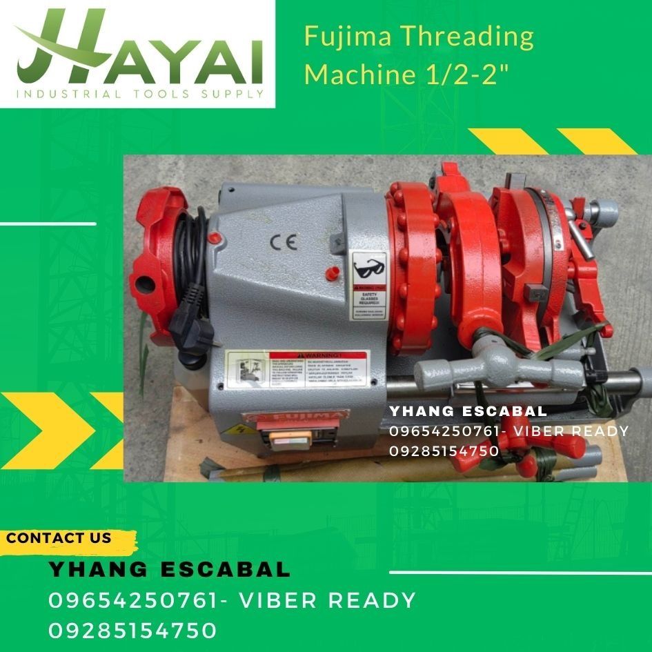 Fujima Threading Machine 1/2-2 (Category: Construction & Building Materials) located in Caloocan City. Submitted by sales.yhangescabal001 (Listing ID 1227605514, Image 1). Description: Fujima Threading Machine 1/2-2" Model: P50 Specs: 220V, 750W/Single Phase WELCOME!!!! Hayai Industrial Tools Supply we're more than just fast. For assistance with your industrial, hardware, and construction needs, CALL/TXT ☎️(09654250761/09285154750) viber ready an