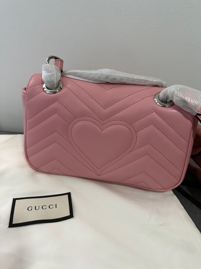 Gucci Pink Mini Marmont Purse Bag 446744 Logo Silver Hardware Leather Heart