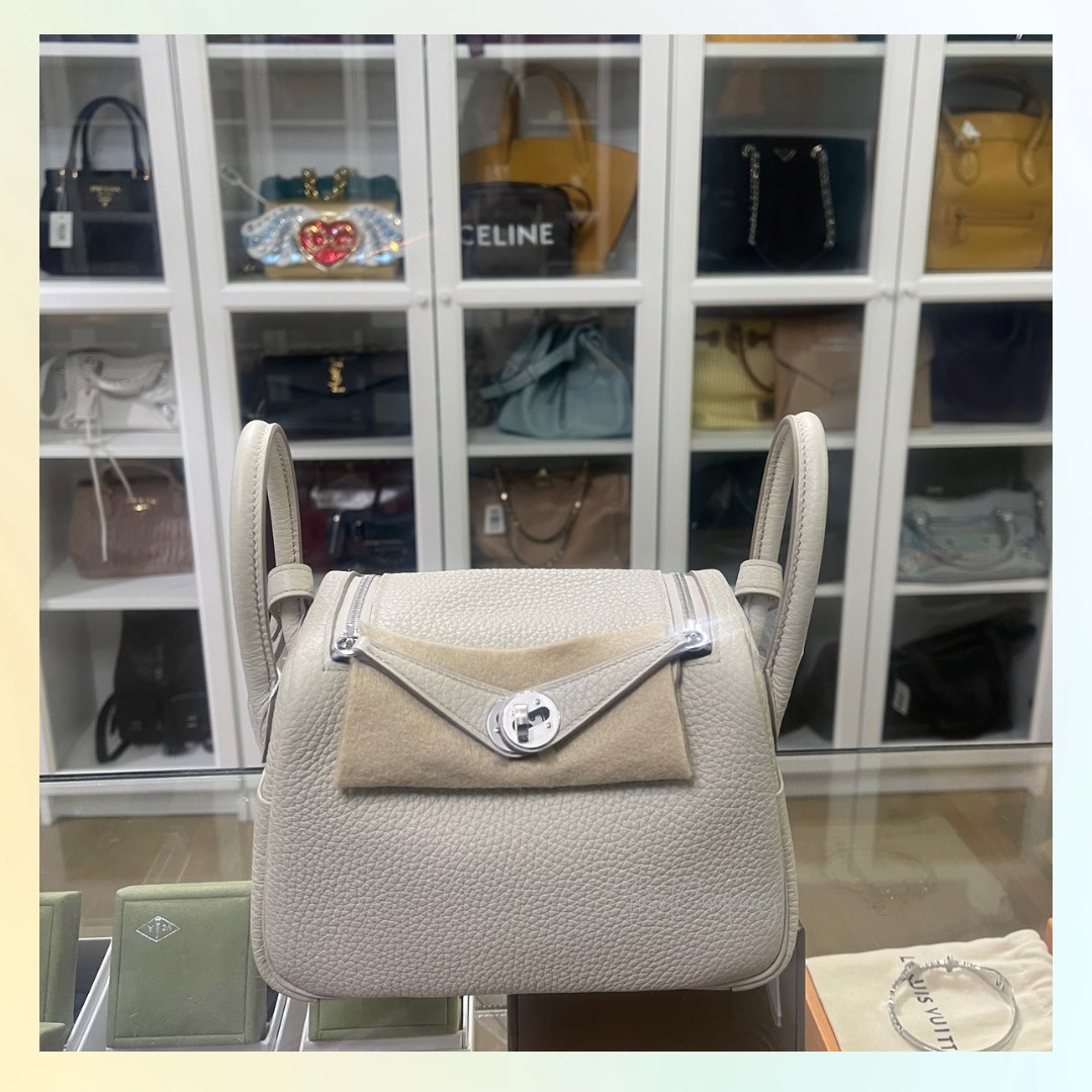 Hermes Lindy Mini Craie Gray Leather Palladium Hardware Stamp U