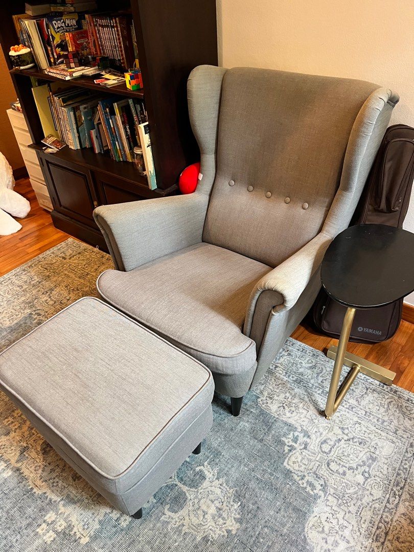 IKEA STRANDMON Wing chair and stool, Nordvalla dark grey, Furniture