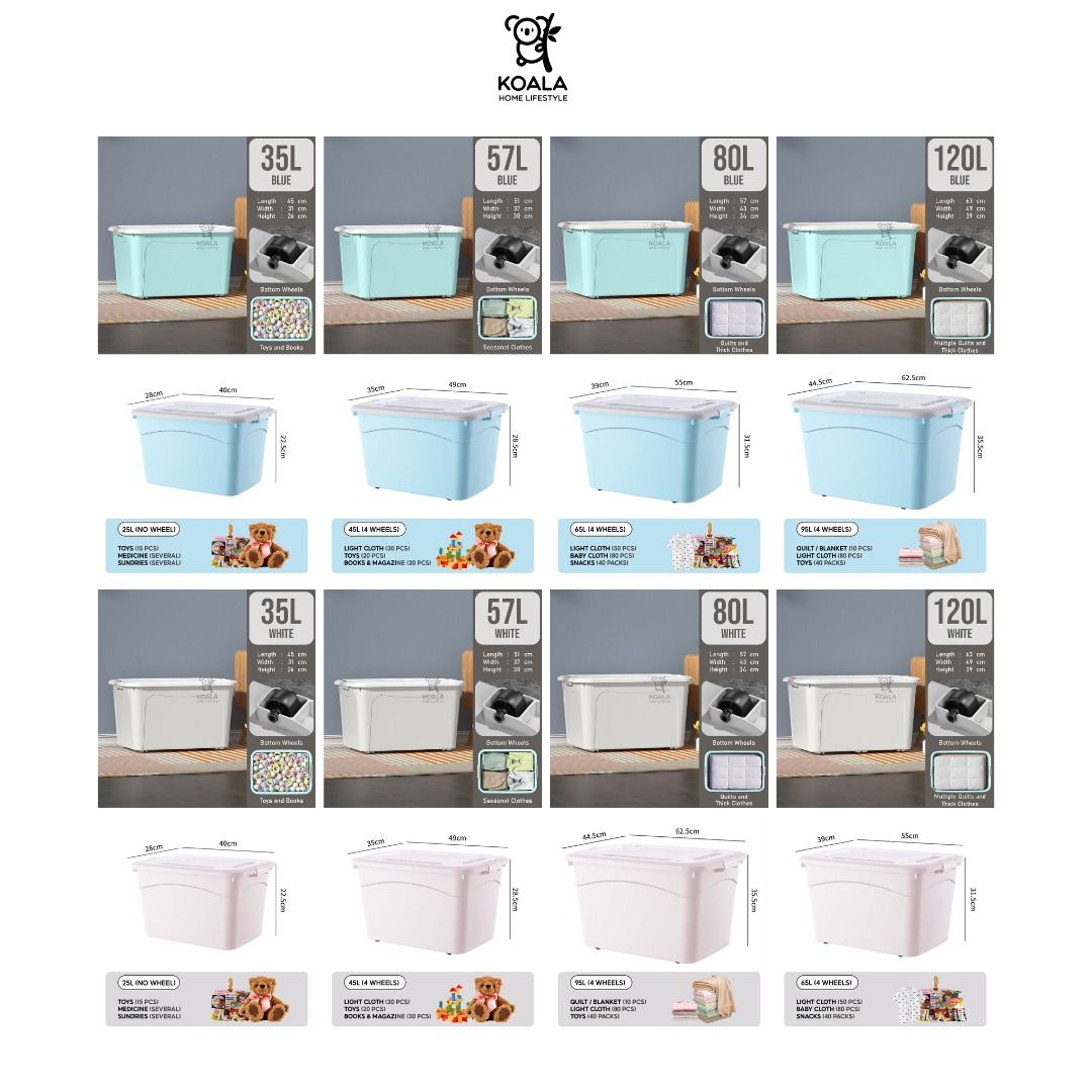 Koala Home Storage Box Container Stackable Large capacity/with wheels Plastic Cloth Toy Container (25L - 120L) (Category: Storage Boxes & Baskets) located in Singapore. Submitted by koalahome.sg (Listing ID 1213841404, Image 2). Description: Welcome to Koala Home Lifestyle SG!🥰 🔥 Ready Stock! Ship out WITHIN 12 hours and receive in 2-3 working days on average.🔥🔥🔥 🔥 If you face any issues, please chat with our friendly staff. If you are sati