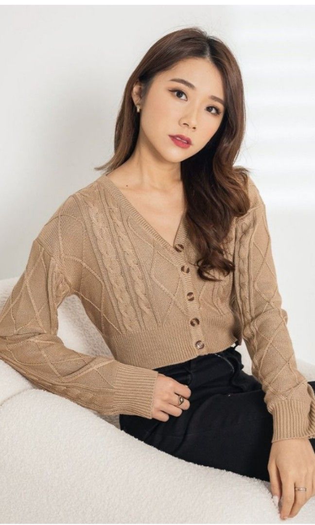 Lovet Leia Cable Knit Cardigan (Mocha), Women's Fashion, Coats