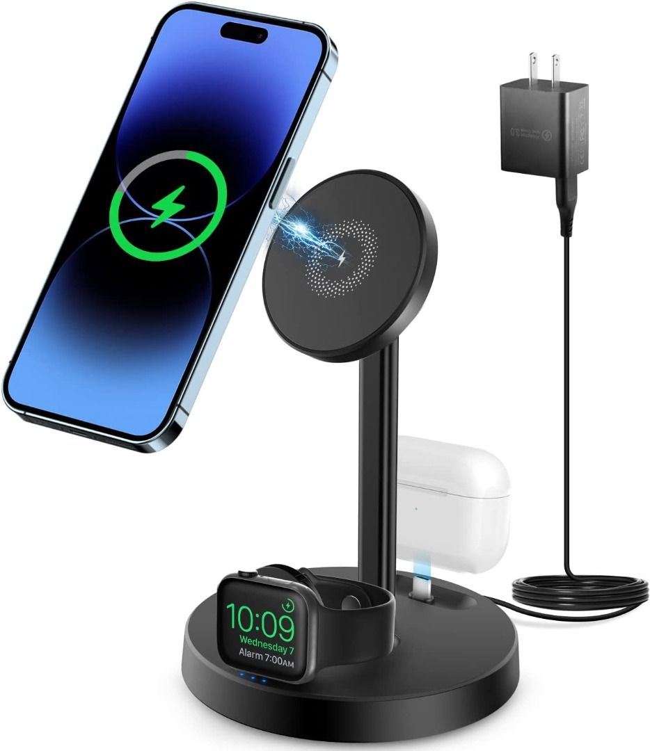 Magnetic Wireless Charging Station for Apple,2 in 1 Fast Mag-Safe Wireless  Charger Stand Foldable with QC3.0 Adapter,for iPhone 14 13 12 Pro Max Mini