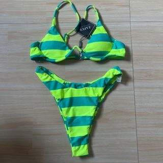 Neon Green Stripes High Waist Two Piece Bikini