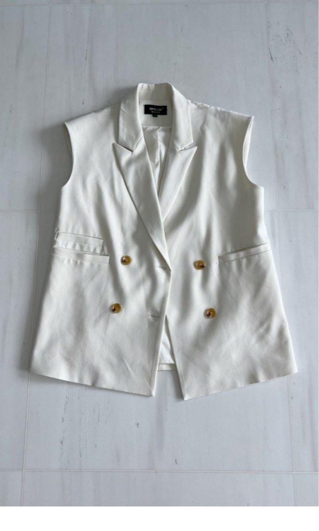 Oversized Sleeveless Blazer Vest Coat in Cream White Size M