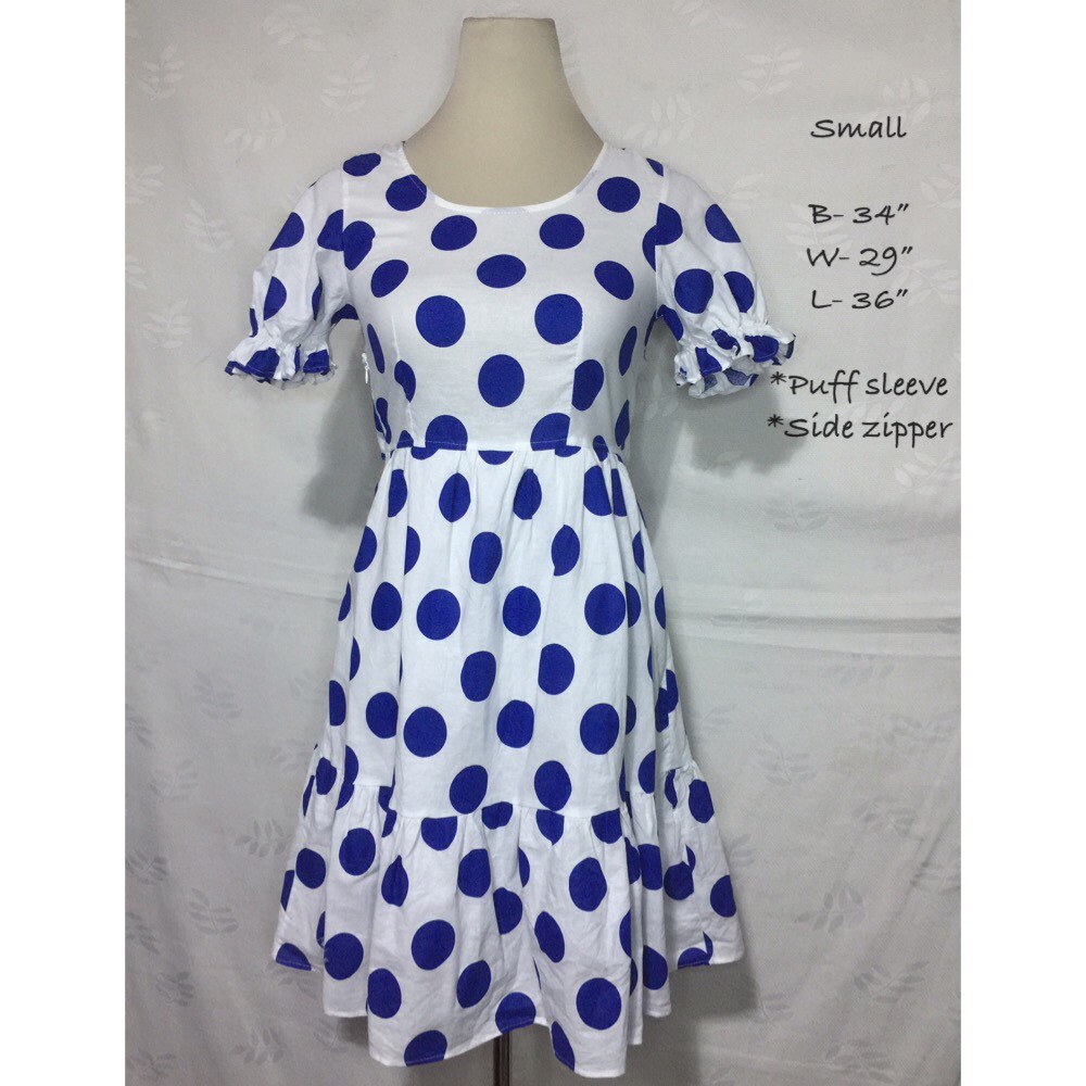 SOS SEAMSTRESS - White Blue Polka Puff Top