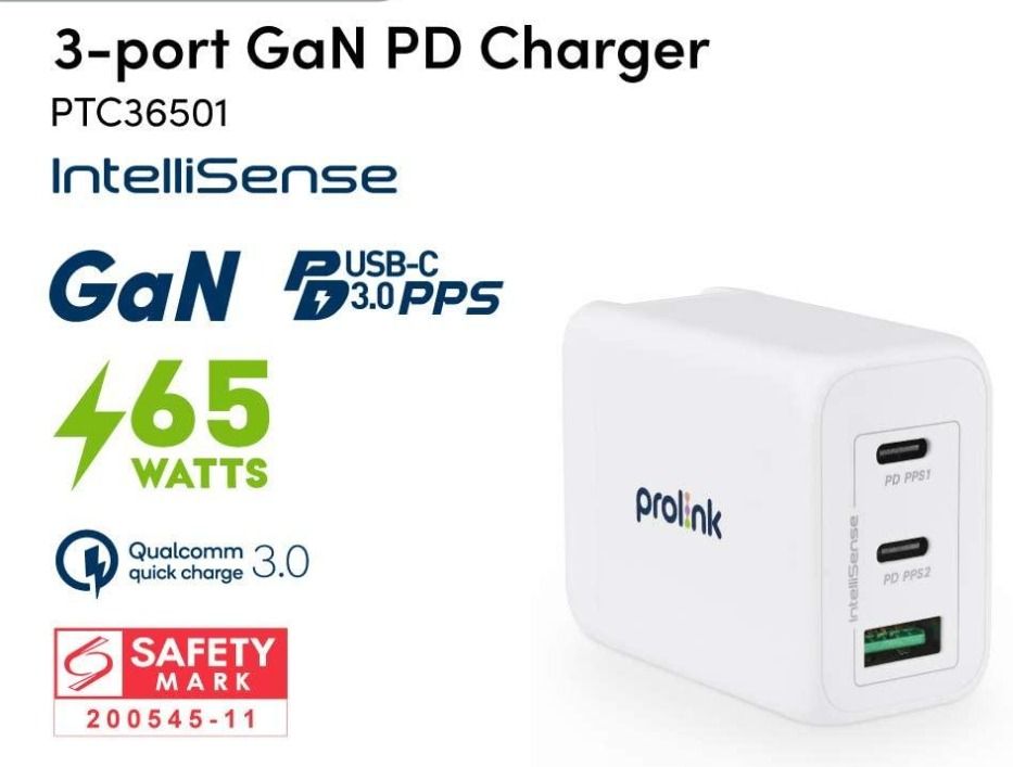 Prolink PTC36501 65W 3-port GaN PD Charger with IntelliSense [3 ...