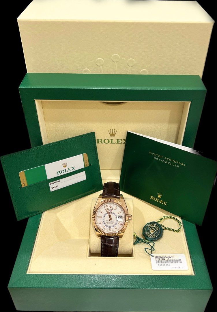 Rolex Sky-Dweller 326135 Rose gold White 42mm (Category: Watches) located in Singapore. Submitted by luxretrocollection (Listing ID 1227610539, Image 1). Description: Rolex Sky-Dweller 326135 Rose gold White 42mm Rolex Sky-Dweller 42mm 326135 White Dial Rose Gold Brown Alligator Band 2019 Box/Card 326135 Automatic 42mm White Rose gold - Watch with original box and original papers - Sapphire crystal - 2019 Comes with full set. Feel free to ask any