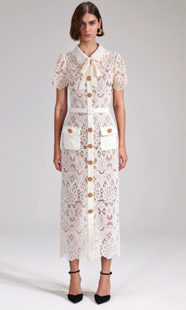 self-portrait ivory floral guipure midi dress Self-Portrait Ivory Guipure Fitted Midi Dress evaChic