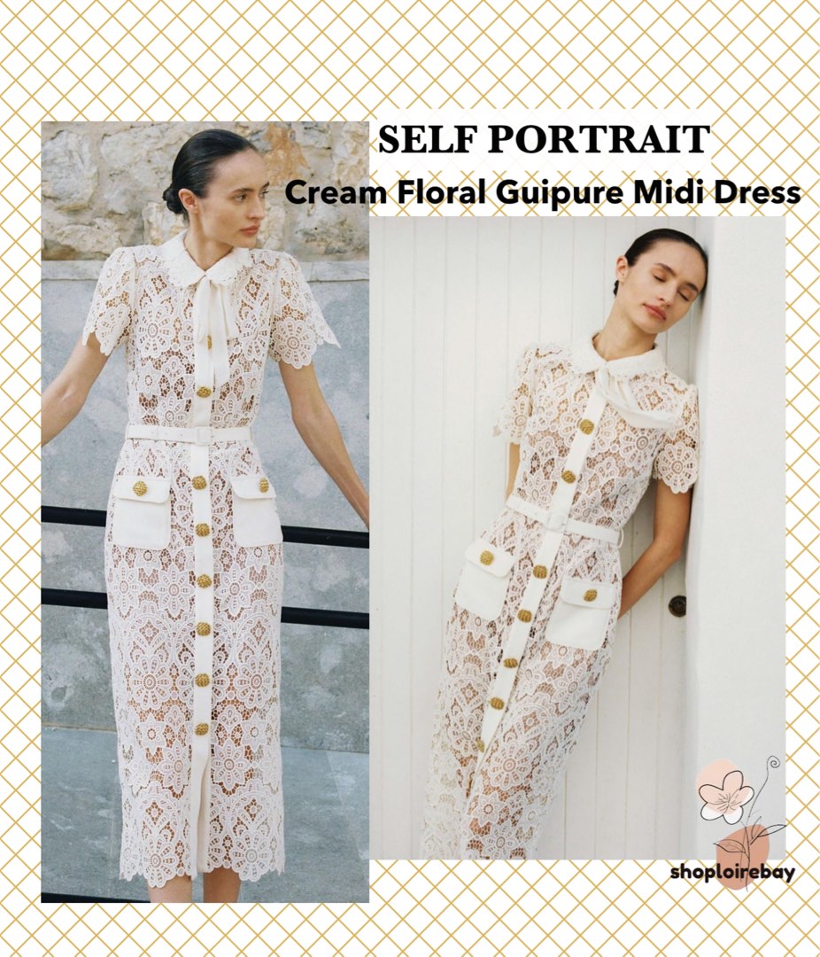 self portrait cream floral guipure midi dress Self-Portrait Ivory Guipure Fitted Midi Dress evaChic