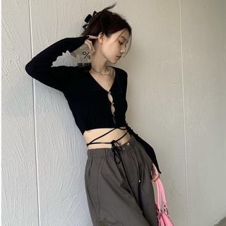 韓系美式純慾鏤空排釦鈕扣綁帶翻領長袖上衣