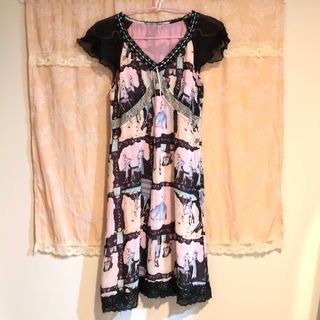 女人們的古典浪漫聚會 稀有復古印花蕾絲綁帶絲綢洋裝 Vintage 古著