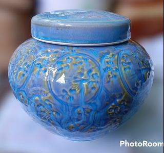 Blue Glazed Korean Porcelain Jar with Lid Vintage Cookie Jar Ginger Jar Urn Planter Vase