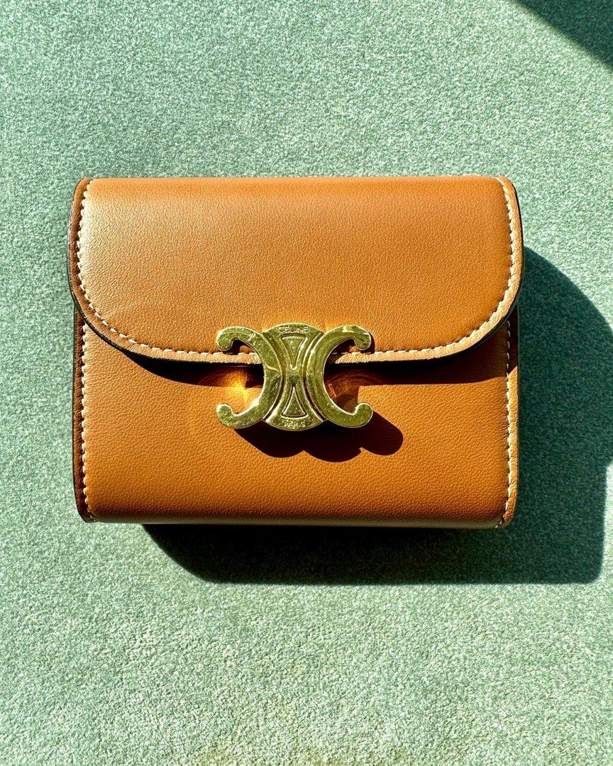 SMALL WALLET TRIOMPHE IN SHINY SMOOTH LAMBSKIN - TAN