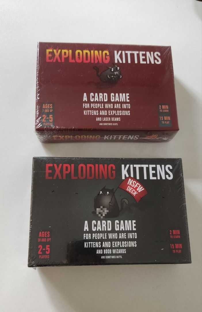 Exploding kittens (Category: Board Games & Puzzles) located in Singapore. Submitted by the_treasure_gallery (Listing ID 1170483765, Image 1). Description: Brand new sets $6 per box Exploding kittens red box Exploding kittens black box Self collection at Bukit Panjang or top up $4.50 for delivery Other games available: Avalon Azul Azul summer pavilion Betrayal at house on the hill 7 wonders 12 Thieves Charades for kids Code names Codenames deep un