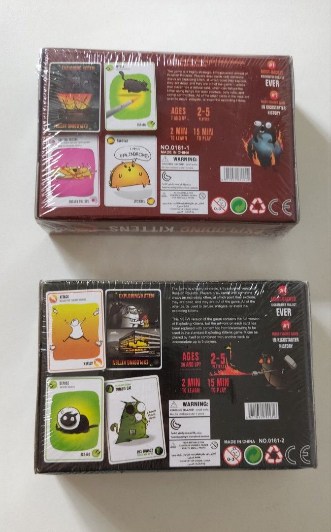 Exploding kittens (Category: Board Games & Puzzles) located in Singapore. Submitted by the_treasure_gallery (Listing ID 1170483765, Image 2). Description: Brand new sets $6 per box Exploding kittens red box Exploding kittens black box Self collection at Bukit Panjang or top up $4.50 for delivery Other games available: Avalon Azul Azul summer pavilion Betrayal at house on the hill 7 wonders 12 Thieves Charades for kids Code names Codenames deep un