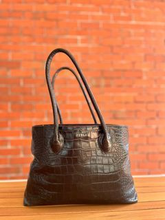 BRICK Crocodile Hornback Leather Sling Bag, Matte Brown, Size 18 cm 