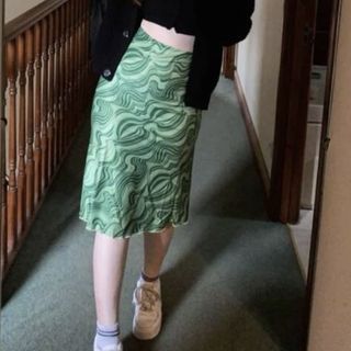 Green Marble Print Lettuce Midi Skirt