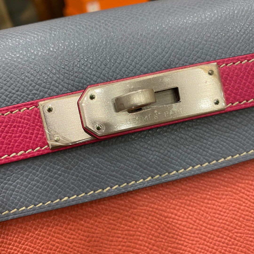 Hermes Kelly 28 HSS Sellier TRI-Color Flamingo, Rose Tyrien & Blue