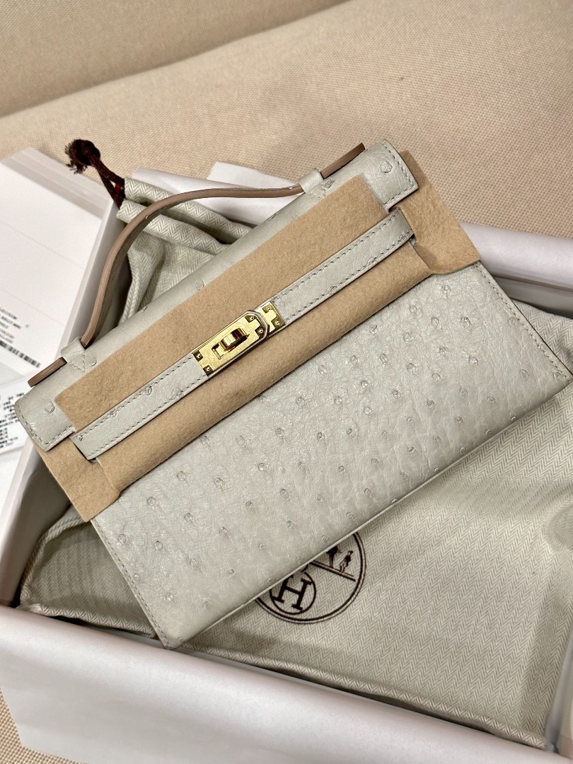 Hermes, Bags, Brand New Hermes Ostrich Pearl Gray Gris Kelly Pochette  Mini