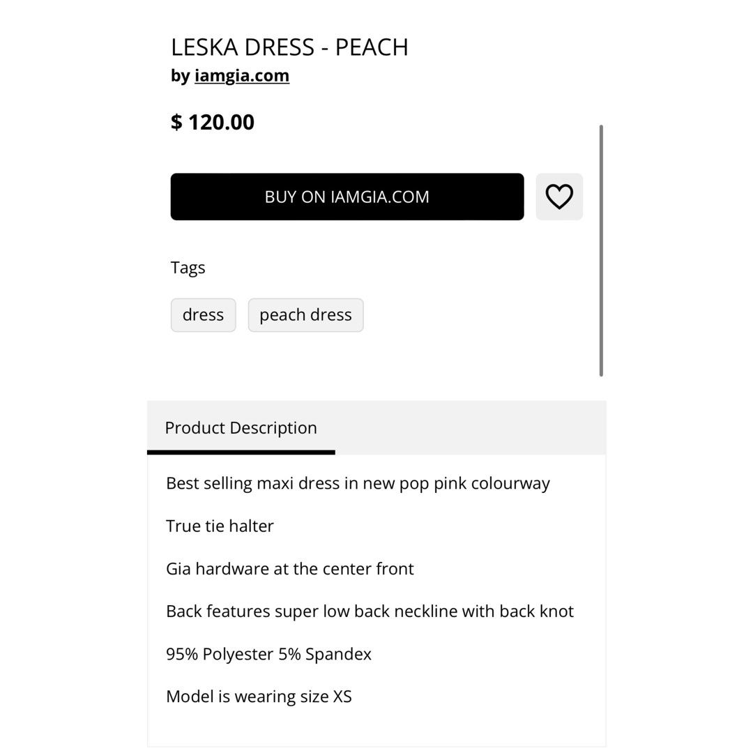 IAMGIA | Maxi Dresses (Category: Dresses) located in Cebu City. Submitted by angel.energyph2 (Listing ID 1227816139, Image 3). Description: 🏷️ ₱3300 each Retail: ₱6710 each (sold out) Available in Leska Dress in peach & Kamila dress in silver ✨ Sizes available: XXS, XS, S, M, L, XL XXS Bust 80-83 Waist 58-64 Hip 76-90 Length 165 XS size Bust 84-85 Waist 65-68 Hip 91-96 Length 166 Size S Bust 86-89 Waist 69-76 Hip 97-100 Length 167 M size Bust 90