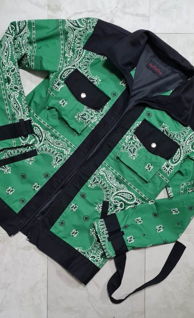 Mens Bandana print jacket (Category: Sets & Coordinates) located in Antipolo. Submitted by red18m (Listing ID 1227805561, Image 1). Description: mens green bandana print jacket & pants brand new medium to large fixed price posted for delivery pants length 40, garter waist sleeve length 24.5 jacket length 28.
