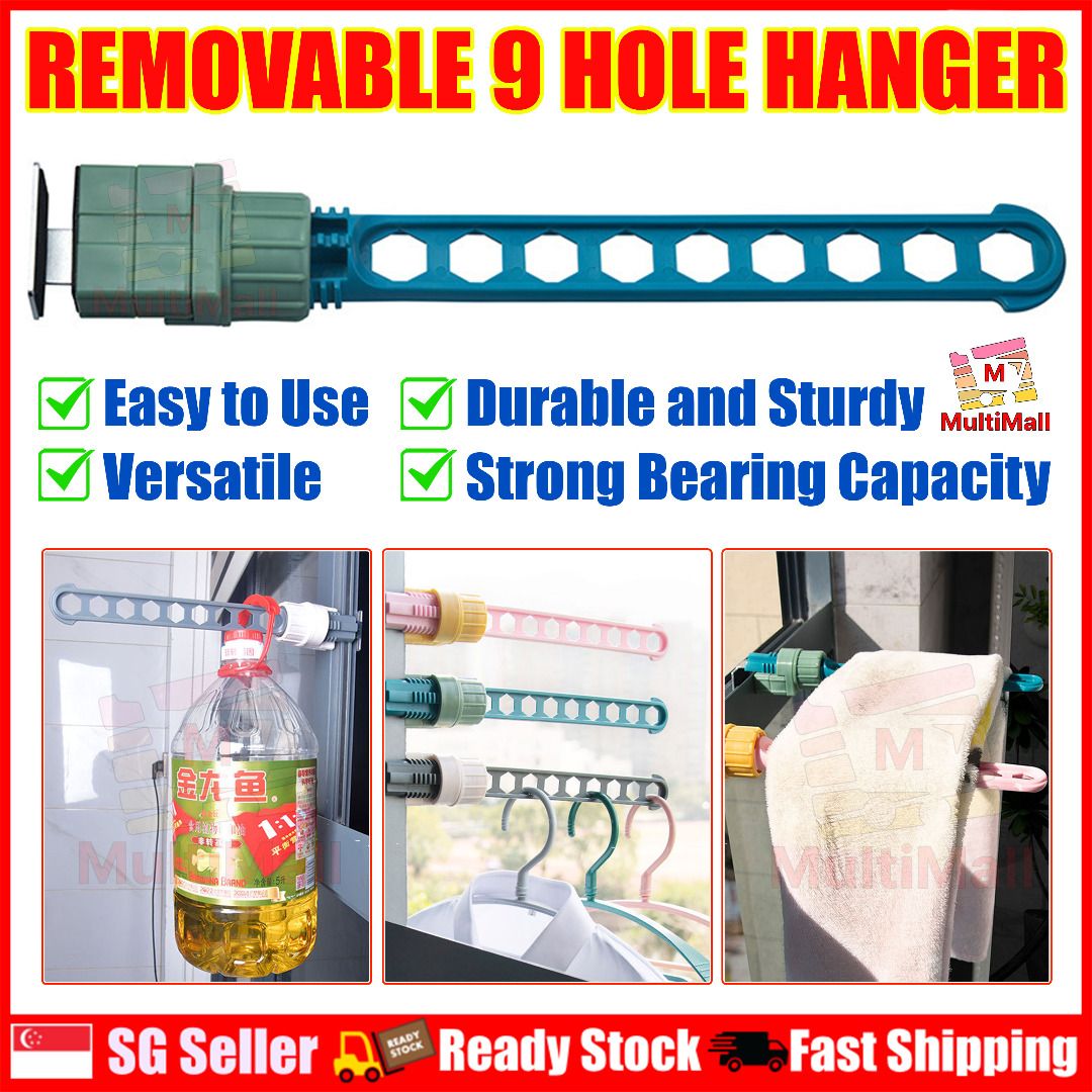 Removable 9 Hole Hanger Dark Blue Wall Mounted Window Frame Drying Rack Space Saving Multifunctional and Portable Balcony Drying Rod for Towels and Clothes Hanger Furniture Home Living Home Improvemen...