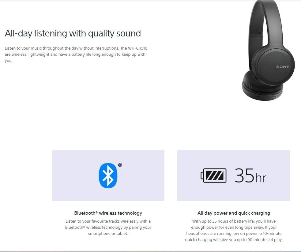 Sony WH CH510 Wireless Lightweight On Ear Headphones with Mic Up to 35 Hours Battery Life Voice Assistant Compatible White