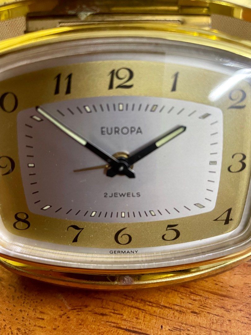 Vintage Europa Germany 2 Jewels Brown Leather Cased Travel Pocket WindUp Alarm Clock, Hobbies