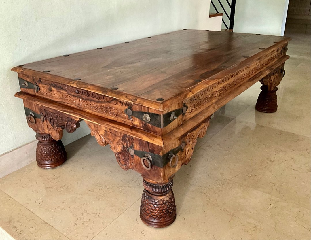 Vintage Rajasthani solid teak wood coffee table with beautiful carvings