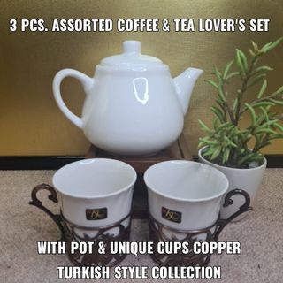 3 PCS. ASSORTED COFFEE & TEA LOVER'S SET WITH POT & UNIQUE CUPS COPPER TURKISH STYLE COLLECTION DESIGNED BY KAREN PEACOCK
