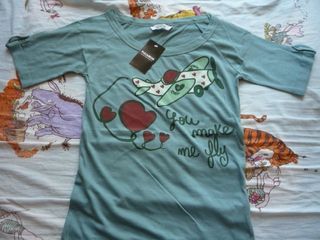 全新有吊牌 pull & bear you make me fly tee 短袖T恤 淺墨綠色 Size M碼 愛心 飛機圖案 休閒T 牛角袖