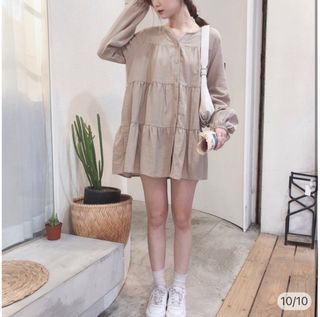 analley棉麻蛋糕小洋裝(杏色）