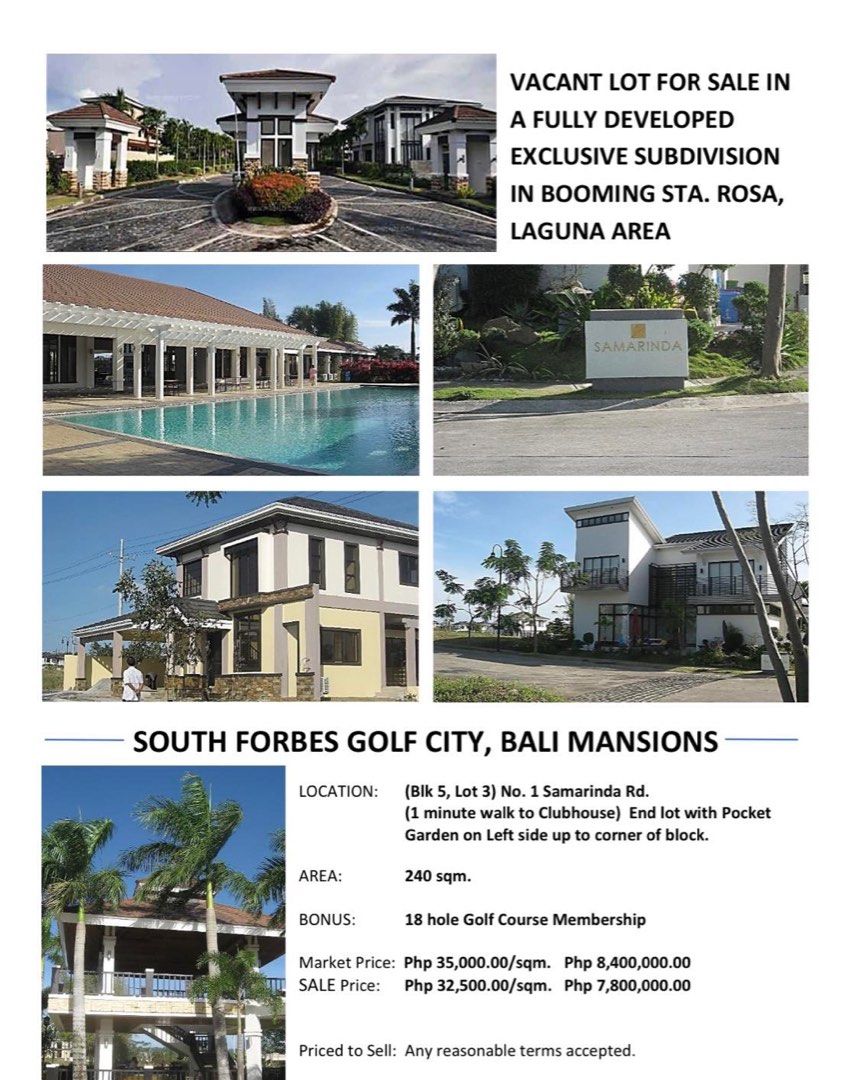 Lot in Bali Mansions, South Forbes, Sta.Rosa, Laguna, Property, For