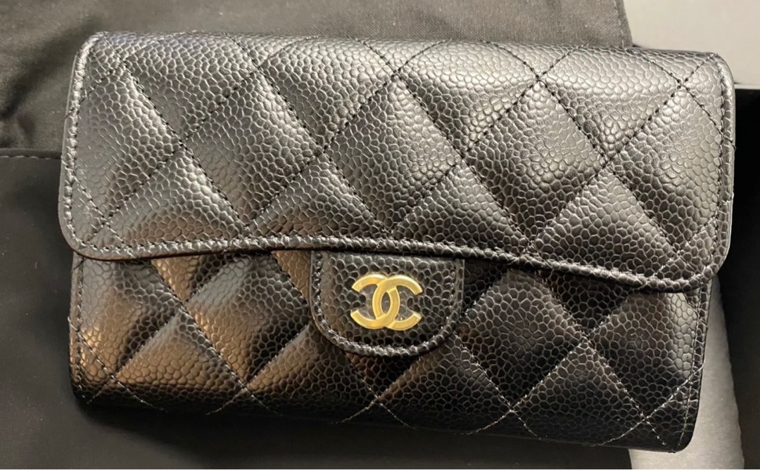 CHANEL, Bags, Bnib 22 Chanel Trifold Small Caviar Zip Wallet Black Gold