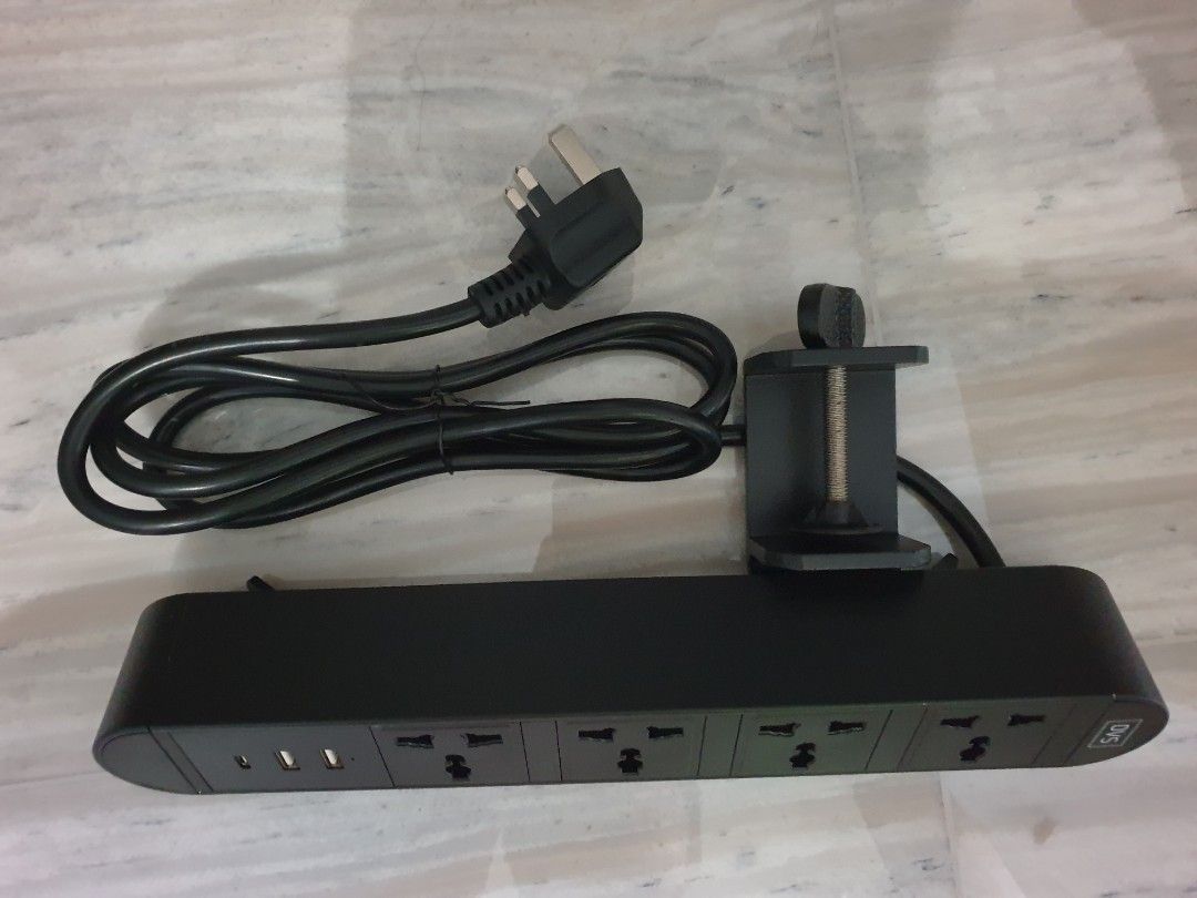 Clamp On Table Top Power Socket 4 Gangs, 2 USB, 1 USB C (Black, Full