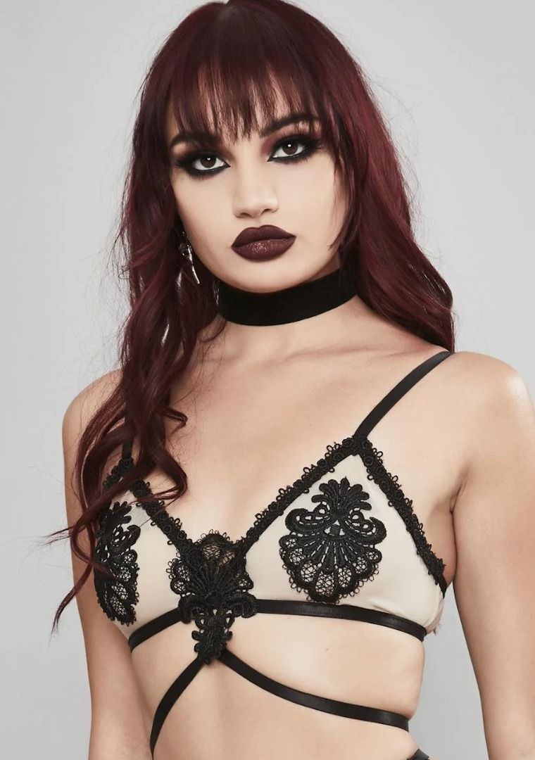 Dolls Kill Widow Black Lace 3piece Lingerie Set Size M, Women's