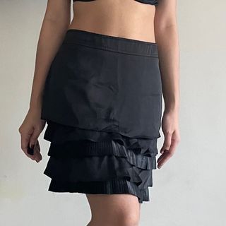 Highwaisted Silk pleated ruffled  Black Skirt