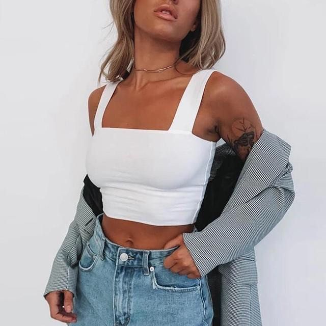 In Stock Trendy White Crop Top Navel Shoulder Strap Square Neck