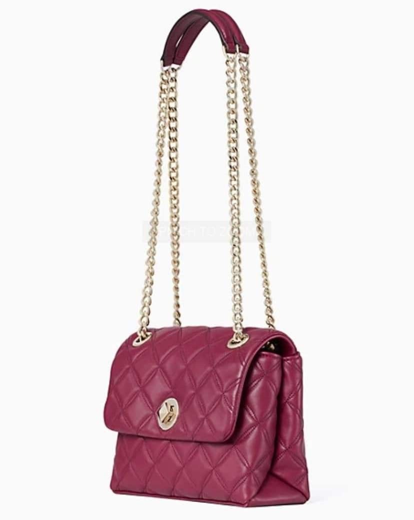 Kate Spade Natalia Smooth Quilted Leather (Category: Luxury Bags & Wallets) located in Dagupan City. Submitted by mrsrraga (Listing ID 1227911180, Image 3). Description: ✅Guaranteed 💯 Authentic from Canada Color: Blackberry MOP: Gcash only DETAILS 6.5''h x 8.7''w x 3.1''d strap drop: 22" quilted leather pale gold hardware on hardware logo two way spade jacquard lining interior: back slip pocket flap with turn lock closure Note: Price is Firm Dus