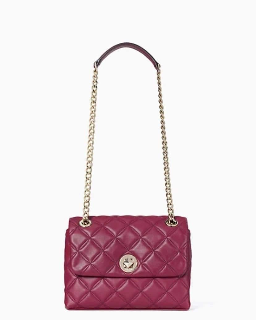 Kate Spade Natalia Smooth Quilted Leather (Category: Luxury Bags & Wallets) located in Dagupan City. Submitted by mrsrraga (Listing ID 1227911180, Image 2). Description: ✅Guaranteed 💯 Authentic from Canada Color: Blackberry MOP: Gcash only DETAILS 6.5''h x 8.7''w x 3.1''d strap drop: 22" quilted leather pale gold hardware on hardware logo two way spade jacquard lining interior: back slip pocket flap with turn lock closure Note: Price is Firm Dus
