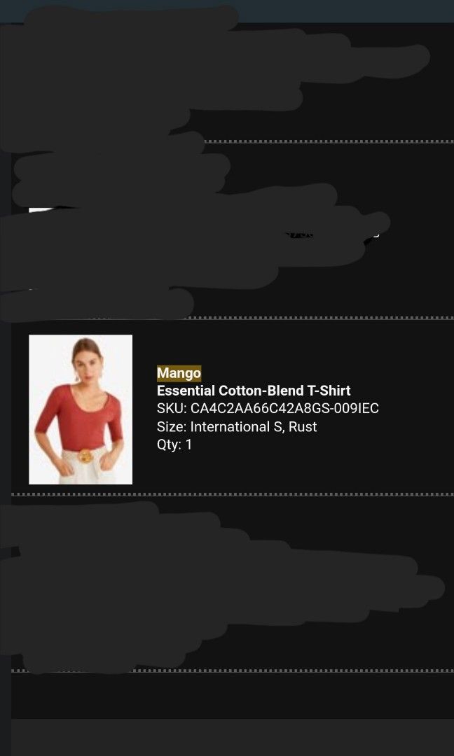Mango Essential Cotton Blend T-Shirt (Category: Shirts) located in Paranaque City. Submitted by mediumcloset (Listing ID 1227911369, Image 2). Description: Authentic Mango shirt in rust color, small size which is medium for Asian size (Per Zalora, Mango is a size bigger for Asian sizes). No damage nor flaw. Fits EU 36-38 perfectly, also stretchable until EU 40. Look effortlessly classy and elegant when paired with white pants, perfect for brunche