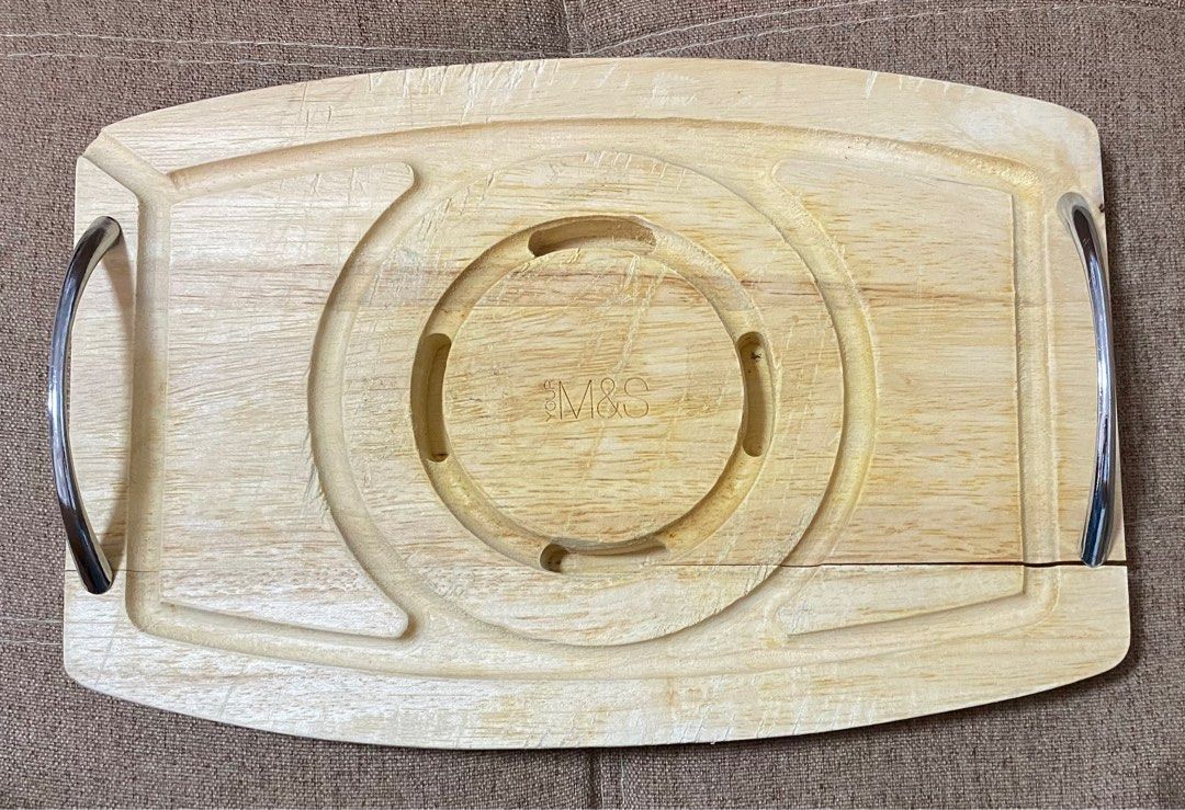 Marks & Spencer Wooden Cheese Board / Serving Tray / Serving Board (Category: Food Organization & Storage) located in Malabon City. Submitted by twinklevir (Listing ID 1227906748, Image 1). Description: M&S Cheese Board or can be used as Serving Board. With minor crack and signs of usage but still durable..