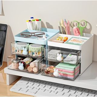 Mini 2 Drawer Student Table Organizer Storage Box with Shelves for Vanity Cosmetics School Supplies
